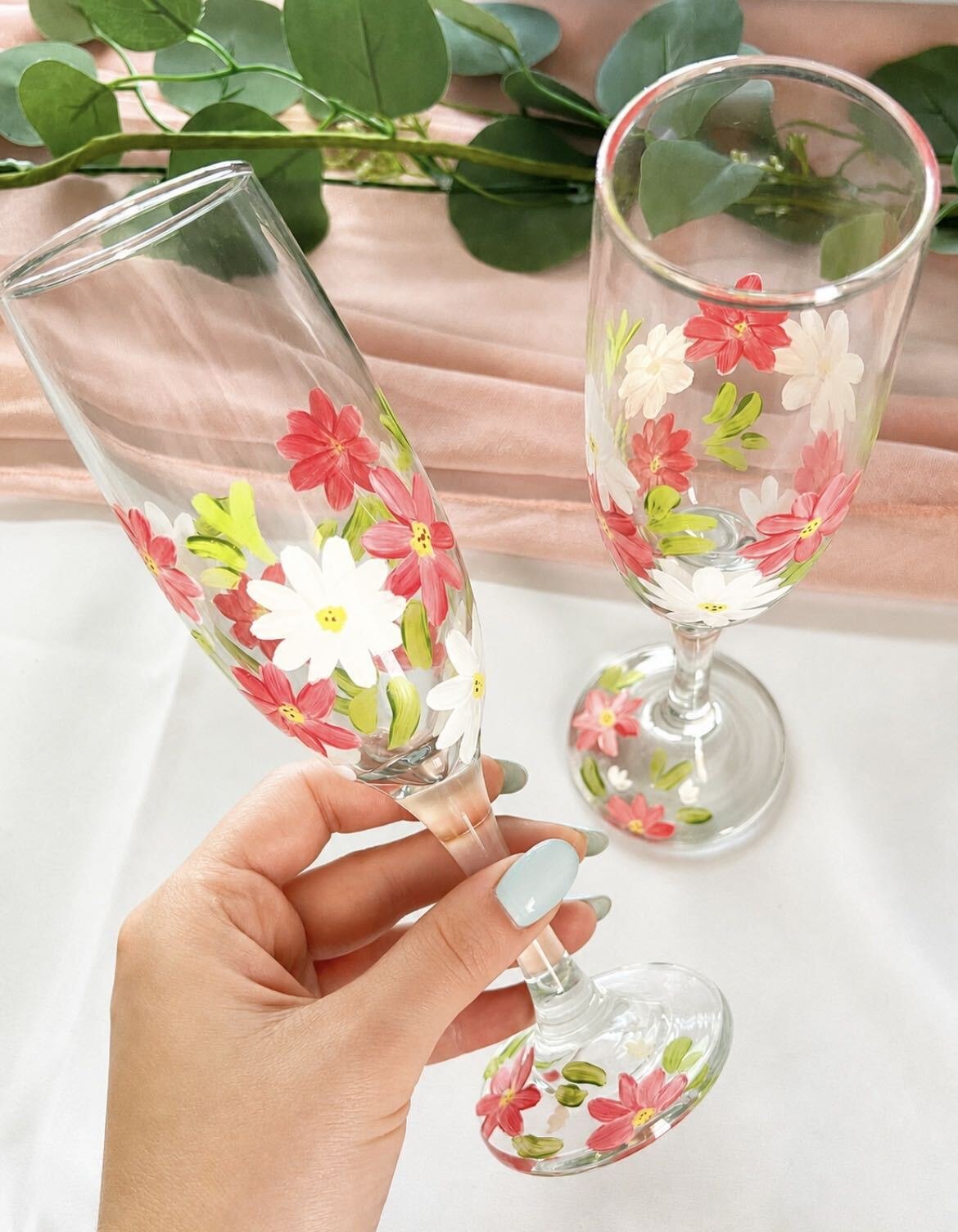 Hand-painted coral daisy champagne flutes
