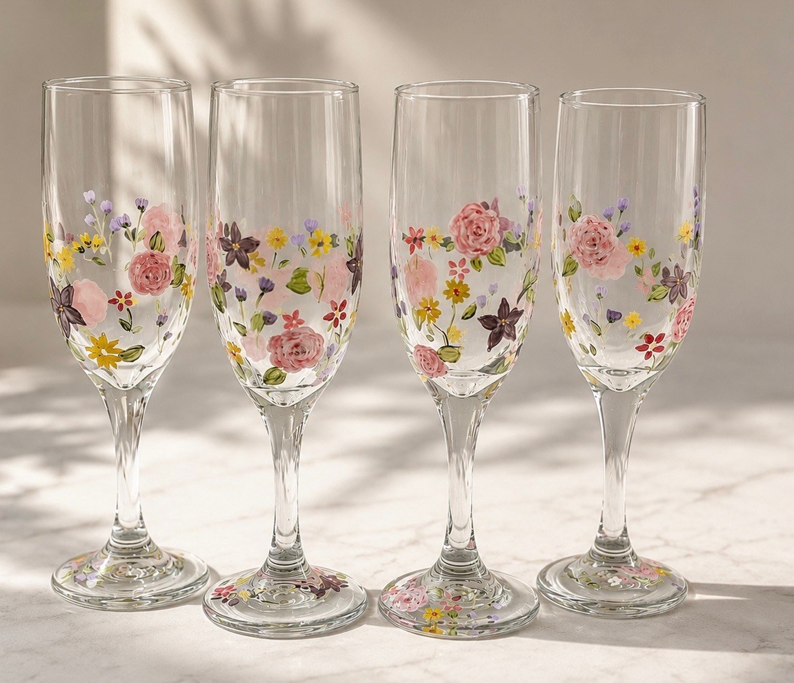 Hand-painted floral champagne glasses