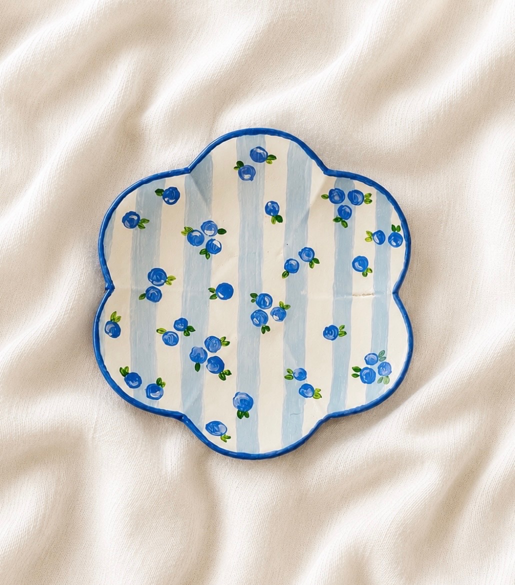 Hand-painted blue stripe and blueberry scalloped trinket dish