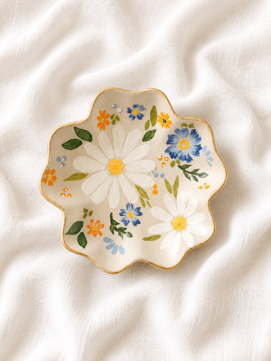 Hand-painted daisy trinket dish