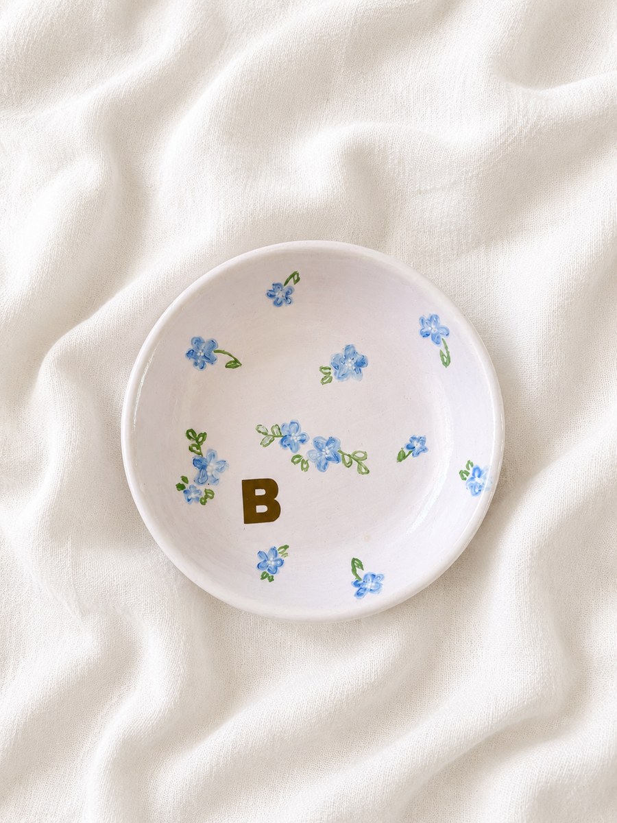Hand-painted forget-me-not monogram dish