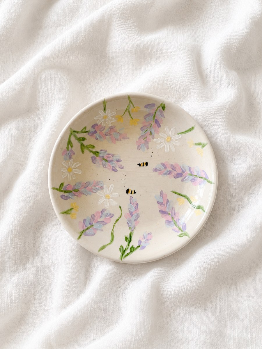 Hand-painted lavender and bee dish