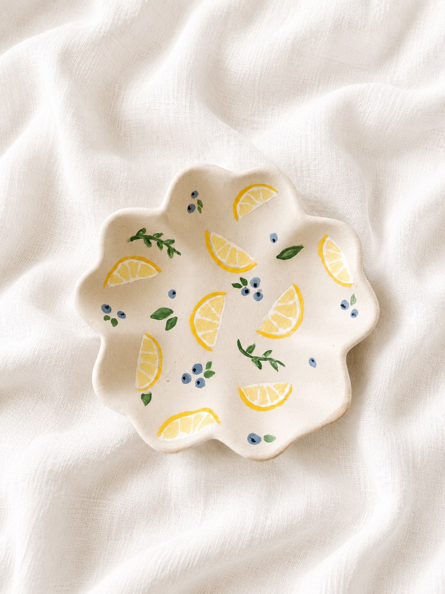 Hand-painted lemon scalloped trinket dish