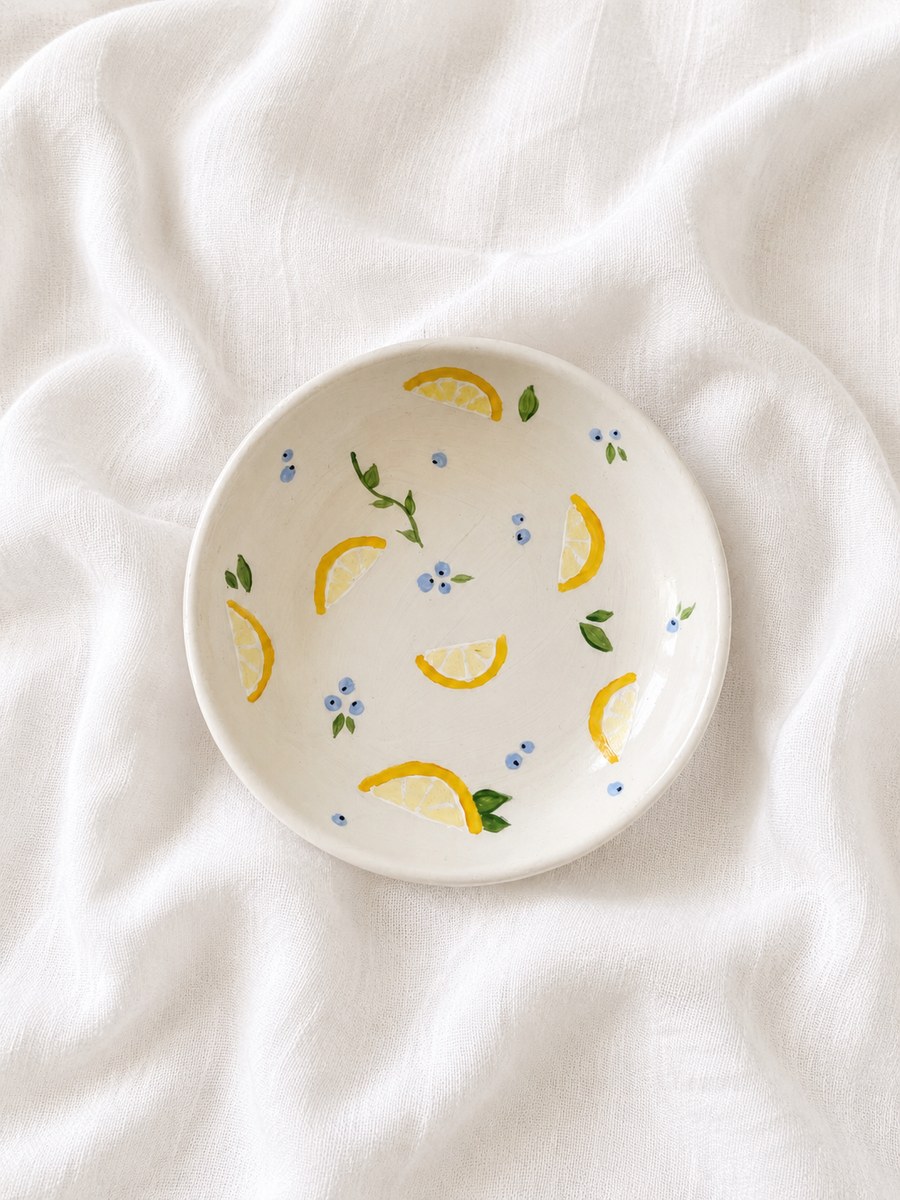 Hand-painted lemon and blueberry trinket dish