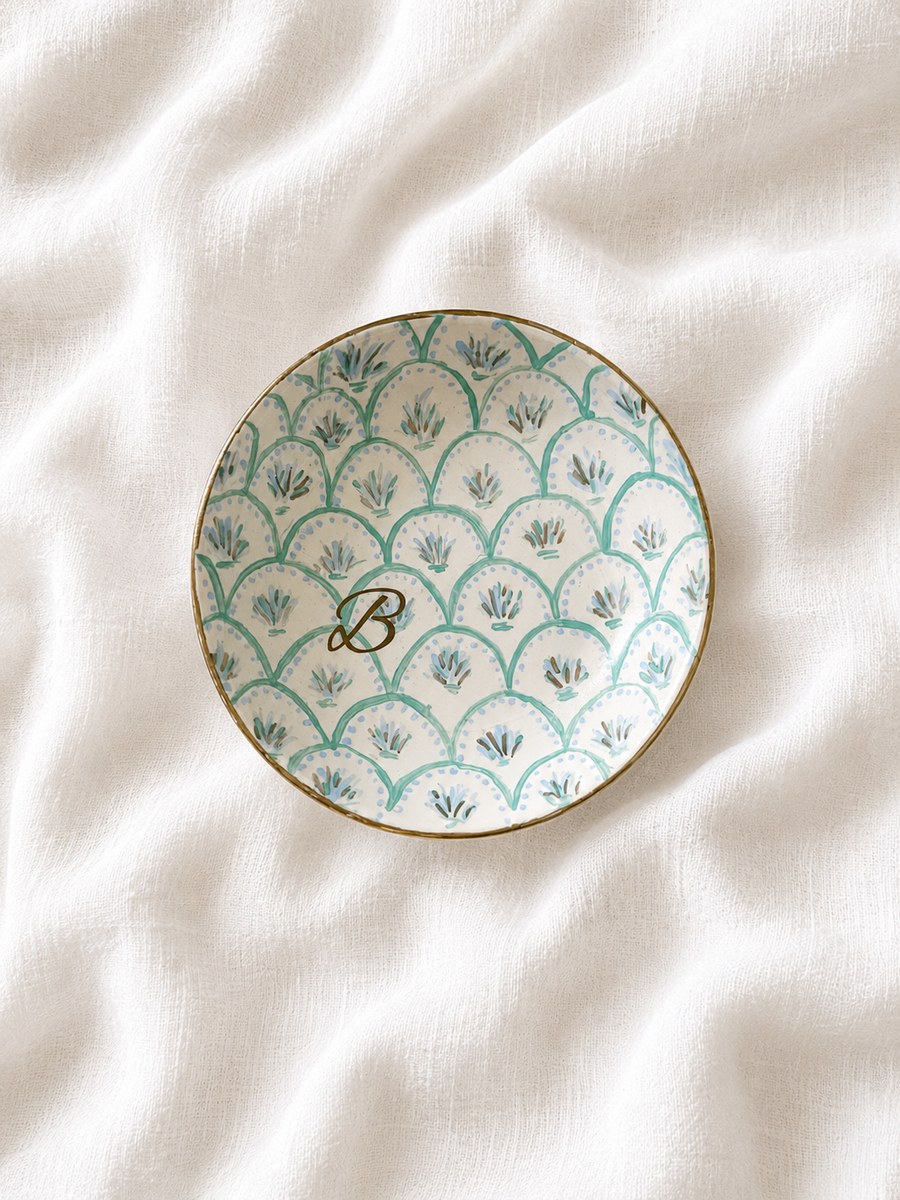 Hand-painted teal scallop monogram trinket dish