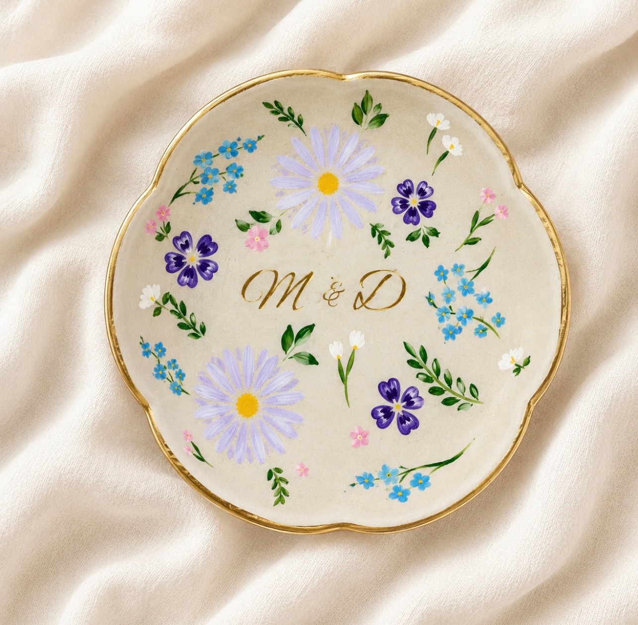 Hand-painted gold rim scalloped dish with wildflowers and custom monogram