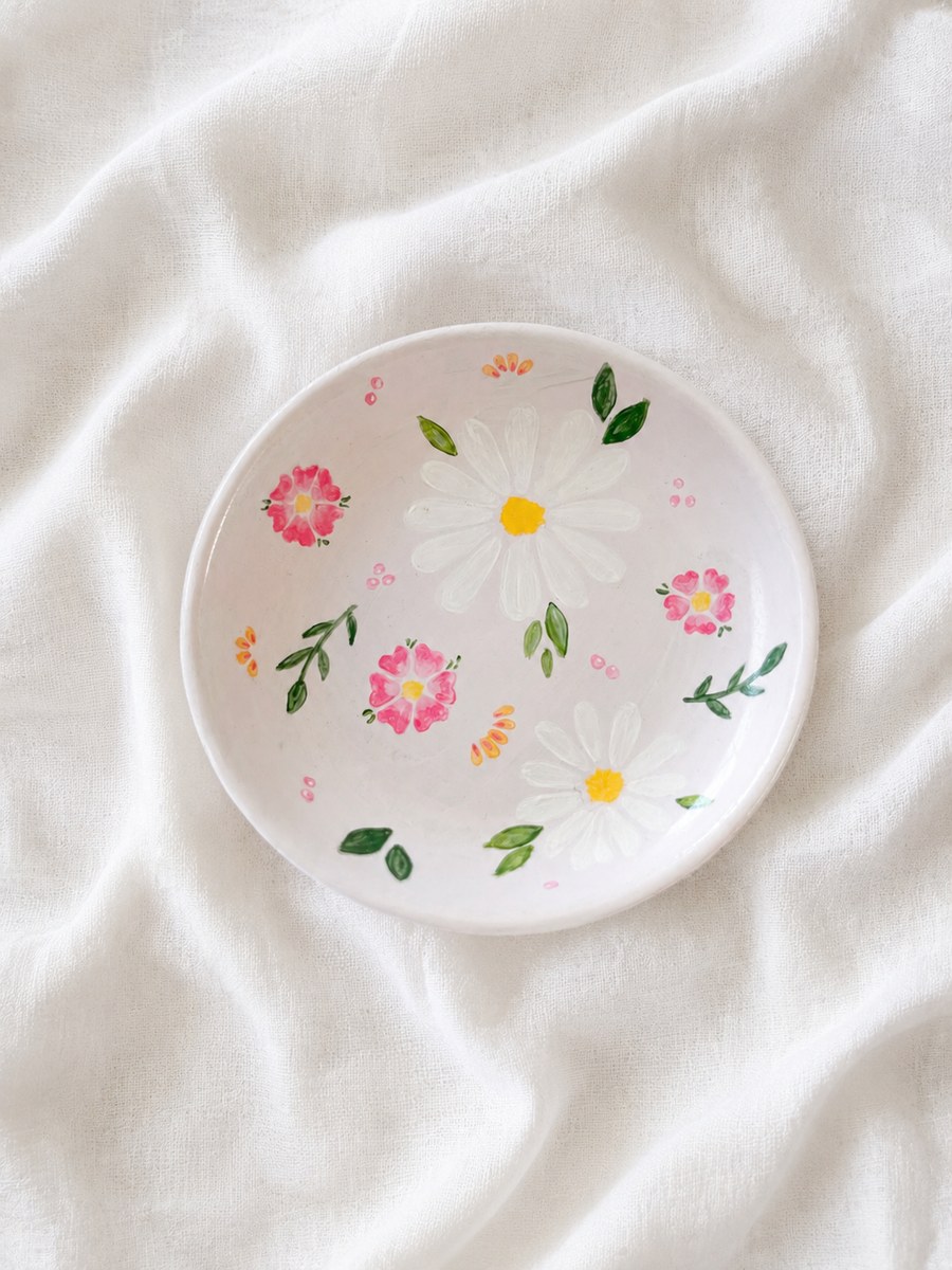Hand-painted pink daisy dish
