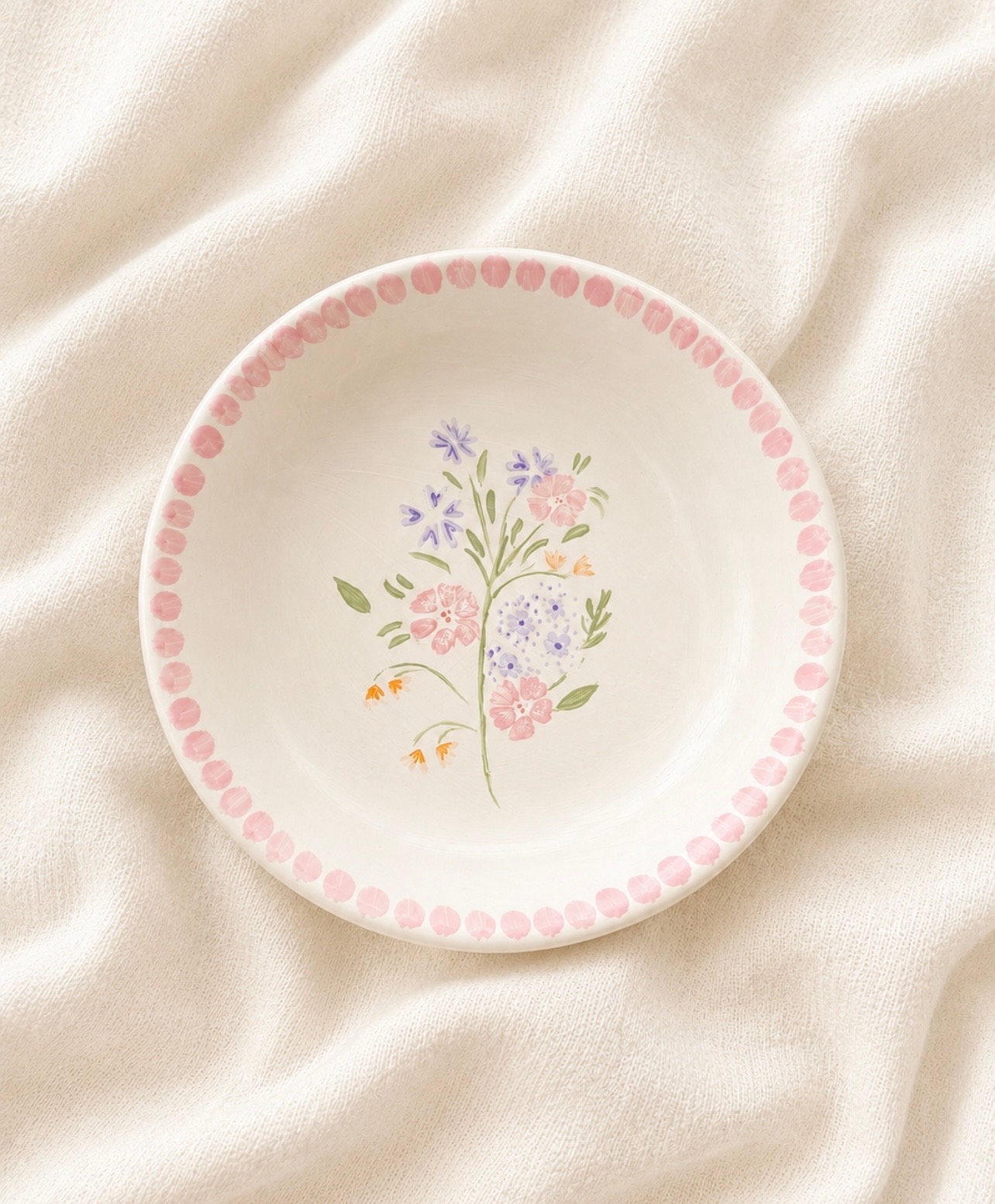 Hand-painted wildflower bouquet trinket dish with pink dotted border