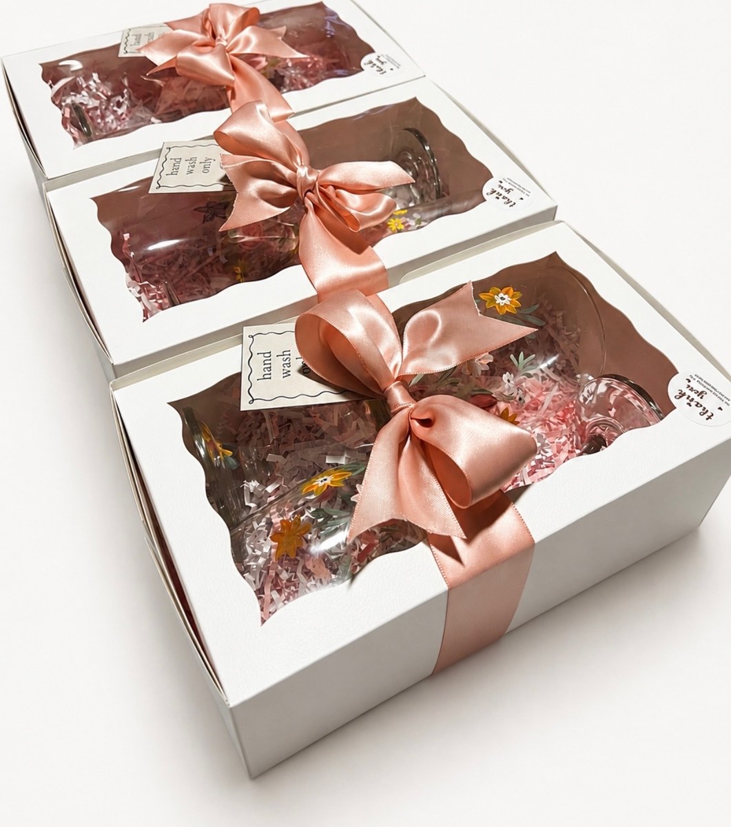 Hand-painted glasses gift-boxed with tissue and ribbon