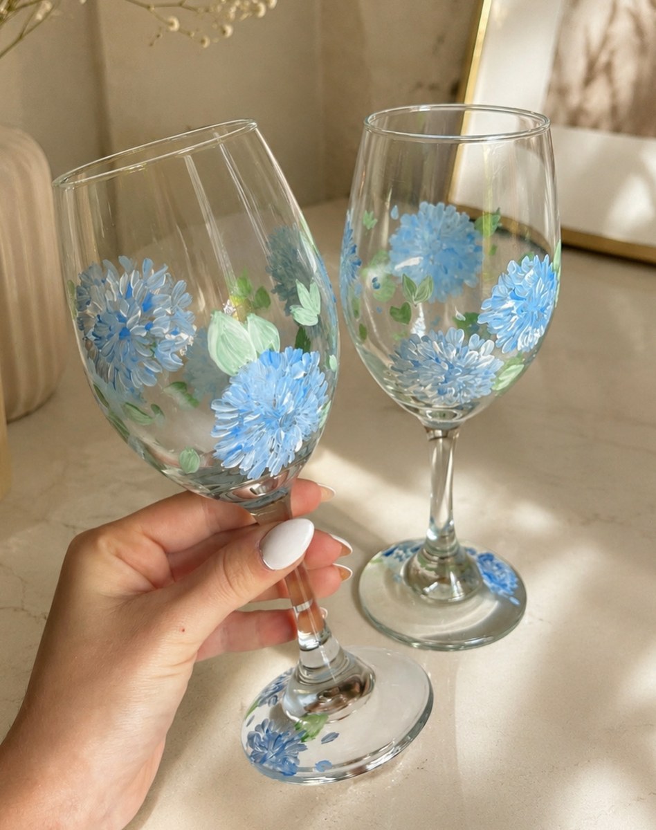 Hand-painted blue floral wine glasses
