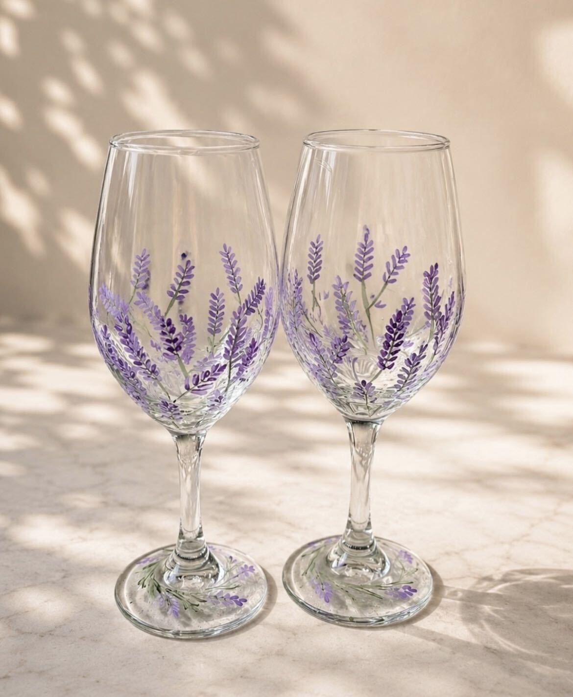 Hand-painted lavender sprig wine glasses