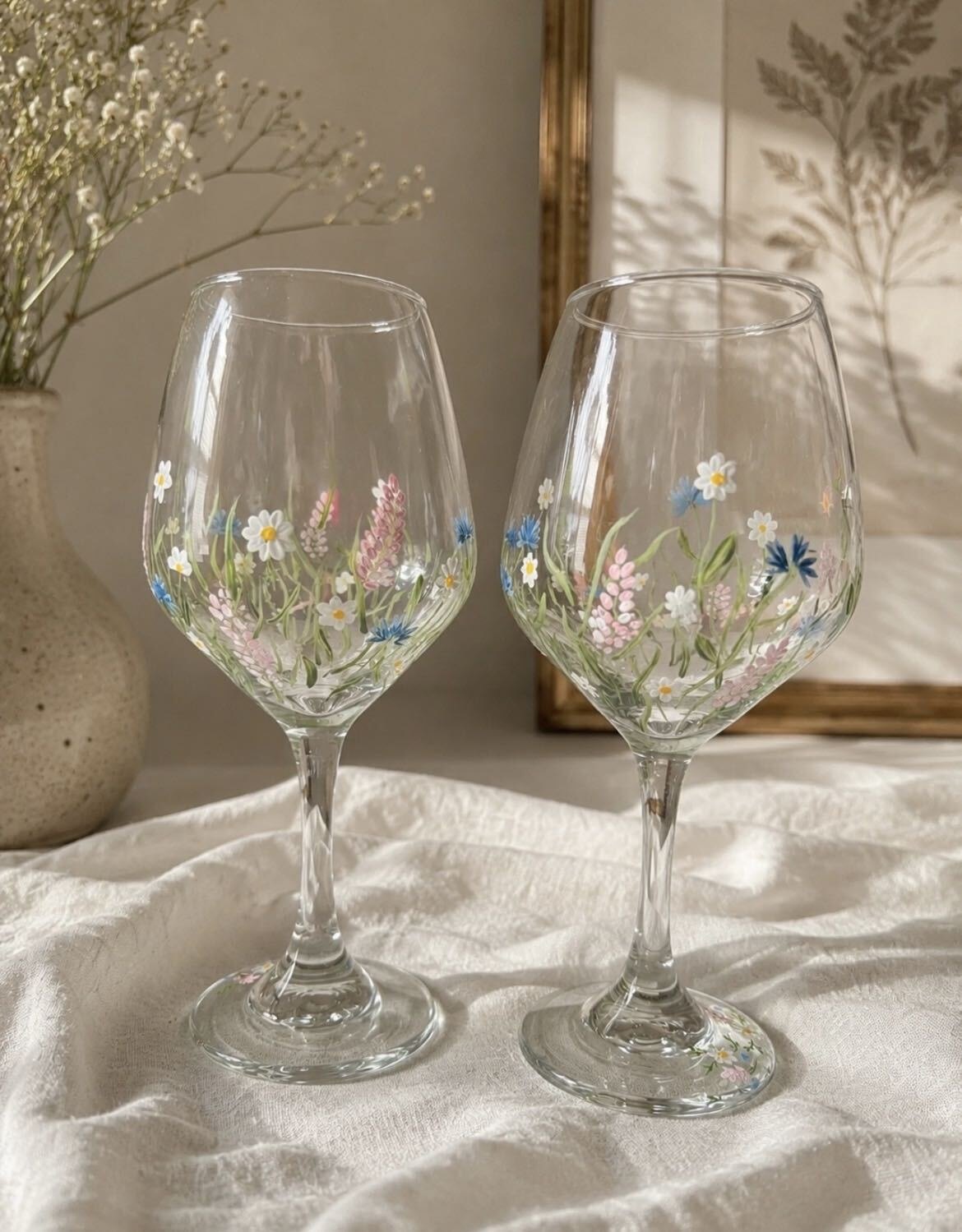 Hand-painted pastel wildflower wine glasses